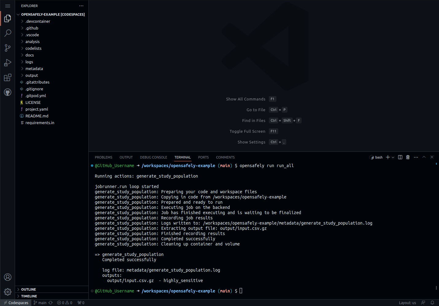 A screenshot showing an example OpenSAFELY project being run in a codespace.