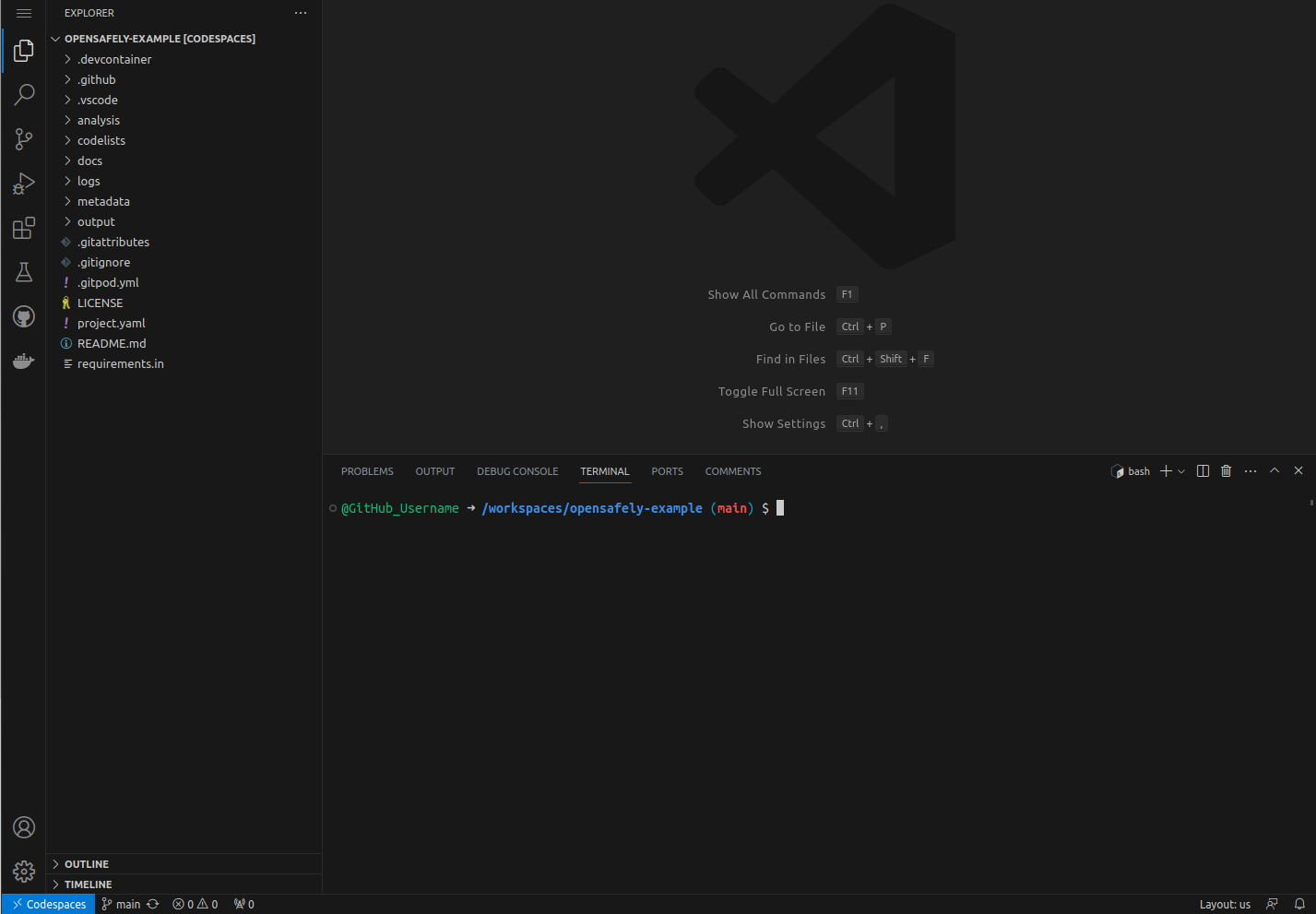 A screenshot showing the Visual Studio Code editor in Codespaces.